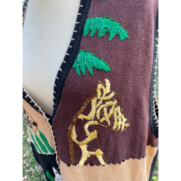 Safari Animal Embroidered Sweater Vest XL Black/Brown Cotton Blend Vintage Studi - Picture 4 of 11